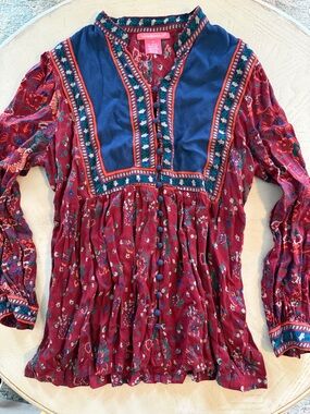 Woman Within Red Floral Boho Festival Button-Front Peasant Blouse Tunic Medium